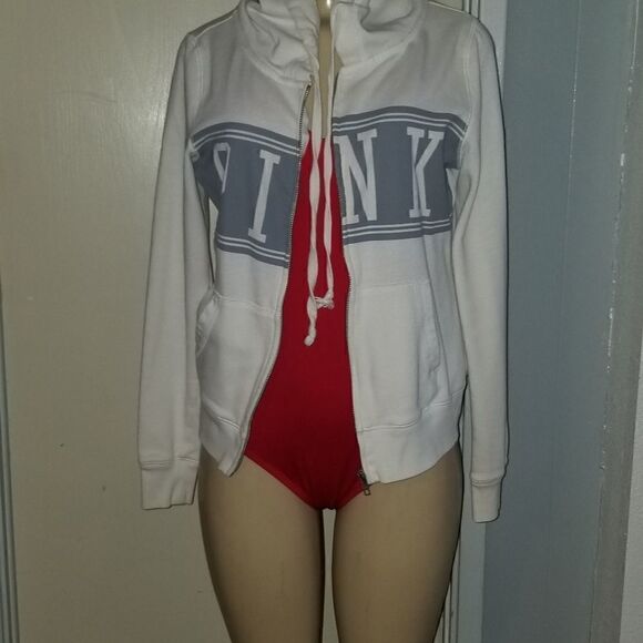 Victorias Secret PINK Jacket Hoodie S/P White & GRAY Full Zip Dog - Picture 3 of 6